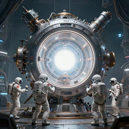 teleportation machine in a spaceship, with astronauts preparing to use it, the machine is a large metal contraption with a bright light in the center by, style of clockpunk