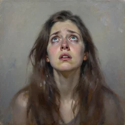 scared woman staring up, oil painting, oil in canvas, brushstrokes