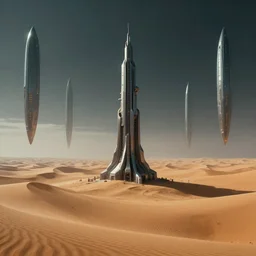 7 0's sci fi and fantasy cover art of a biopunk tower alone amongst dunes of sand, obsidian pylons float in the distance, symmetrical, smooth, cinematic and moody, by paul lehr, by john berkey