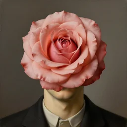 portrait of a faceless rose flower - head man by rene magritte, detailed painting, distance, centered, hd, hq, high resolution, high detail, 4 k, 8 k