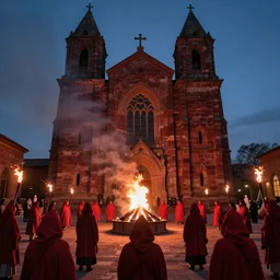A dark cathedral made up of red sandstone lit up by a torches. In the middle of the cathedral is a bonfire surrounded by cultists in red hoods. Their backs facing towards the camera. Dream like.