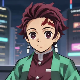 anime fine details portrait of Tanjiro Kamado in front of cyberpunk moder city landscape on the background deep bokeh, close-up view, anime masterpiece by Studio Ghibli. 8k, sharp high quality anime, artstation