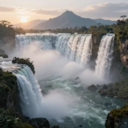 cascade of multiple gigantic niagara falls in the himalaya, epic mountains, early dawn, fantasy illustration, matte painting, concept art, low angle shot, volumetric lighting, volumetric atmosphere, morning mist, art by james gurney, unreal engine 5, 8 k
