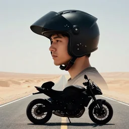 head and shoulder portrait photo of young man with a black modular helmet, standing on a desert road with motorcycle!!, silhouette of mountains in background, sunset, golden hour, backlit, smooth volumetric light, octane, highly detailed masterpiece by hy money and atiba jefferson and lucas murnaghan