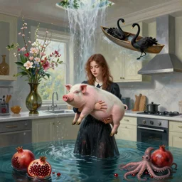 tall emo female artist holding a pig in her flooded kitchen, pomegranates, octopus, luxury apartment kitchen, art floating, surreal photography, ikebana, zen, waterfall, black swans, canoe, berries, impressionist digital painting, artstation, by simon stalenhag and magritte