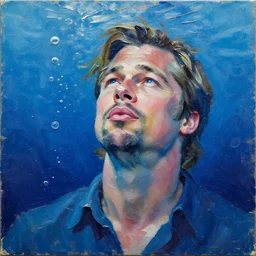 oil paint impasto relief, portrait of brad pitt, deep under water, lots blue colours, lit from above, looking up, air bubbles, multi layered thick brush marks, some splattered paint, in the style frank auerbach and magritte