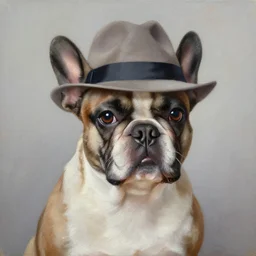 oil painting of a french bulldog wearing a fedora hat