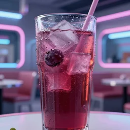 crisp detailed photo of a tall glass of grape soda with dripping condensation, futuristic diner setting, cyberpunk atmosphere.