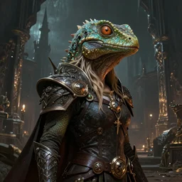 A fantasy comic book style portrait painting of Joan of Arch but has lizard head. Atmospheric dark fortress, unreal 5, DAZ, hyperrealistic, octane render, RPG portrait, ambient light, dynamic lighting,