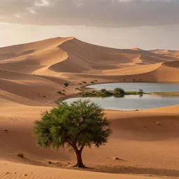 landscape photography, marc adamus, sahara desert, huge dunes, a river, a lake, dramatic lighting, sunrise, green tree in the foreground