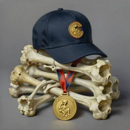 a painting of a pile of bones with a baseball cap and medallion