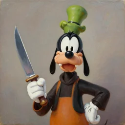 Goofy holding a knife, Disney, oil painting on canvas, 8k, highly detailed, soft lighting
