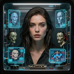 beauty woman, full pallet image, Blade runner artifacts, electronic case display, cyberpunk hologram tech, ultrarealistic, futuristic, three point lighting, dramatic lighting, electrical details, high details, 4k, 8k, best, accurate, trending on artstation, artstation, photorealism, ultrarealistic, digital painting, style of Peter Mohrbacher, Caravaggio, Dali, Boris Vallejo, Hajime Sorayama