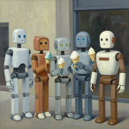 robots queue up for ice cream, grant wood, pj crook, ( ( ( edward hopper ) ) ), oil on canvas