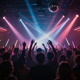 crowd partying with their hands up at a club, volumetric lighting, glow sticks, haze, moving heads light beams, spot lights, disco ball, silhouette, digital art, trending on artstation, 4k, unreal engine, intricate, ornate