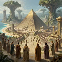 a group of ancient sacred religious cult in robes studying in a large bustling sci fi city with a large pyramid in its center and alien buildings built in a temperate forest with giant trees near a beautiful beach, highly detailed, intricate, digital painting, trending on artstation, concept art, matte painting, art by greg rutkwowski, craig mullins, octane render, 8 k, unreal engine