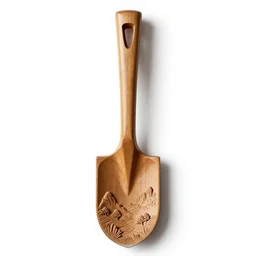carved wooden shovel, studio product photography, isolated on a pure white background, centered, entire object in frame, sharp focus, soft studio lighting