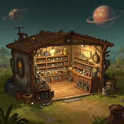 inside a hardware store, in a small remote outpost, on a remote planet, steampunk style, from a point and click 2 d graphic adventure game, set design inspired slightly by tomb raider, art inspired by [ [ thomas kinkade ] ] and [ mark keathley ]