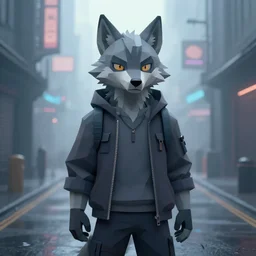 Playstation 1 PS1 low poly foggy graphics portrait of furry anthro anthropomorphic wolf animal person fursona wearing clothes in a futuristic cyberpunk foggy city alleway. Artstation, CGSociety