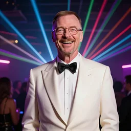 walter white in a white tuxedo, laughing in a night club, neon lights and laser show