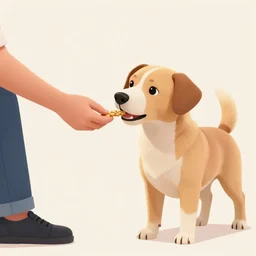 a dog with one human leg being given wheat treats