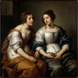 a painting of two women sitting next to each other, a flemish baroque by george frederic watts, pixabay, pre - raphaelitism, pre - raphaelite, flemish baroque, dutch golden age