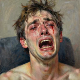 high quality high detail painting by lucian freud, hd, man crying blood, pastel colors, photorealistic lighting