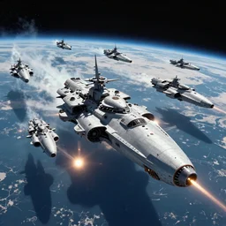 A fleet of heavy dreadnaught cruisers performing a saturation bombardment above earth