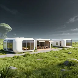 next to a open plaza area with a restaurant at the side, in the middle of a very small colony, with buildings made from modular capsules, on an alien grassland, on an alien planet, from a space themed point and click 2 d graphic adventure game, set design inspired by hg giger and ridley scott and tomb raider, art inspired by thomas kinkade