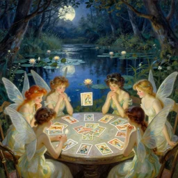 a group of gracious fairies playing cards on a table in an atmospheric moonlit forest next to a beautiful pond filled with water lilies, artwork by ida rentoul outhwaite. the fairies have wings.