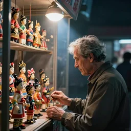 photograph of a man at a kiosk selling various kinds of puppets, dynamic lighting, cinematic, detailed, clean
