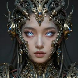 beautifully stunning stonepunk woman_integrating_with_technology_full_face_insipiring_detailed_intricate_ornate_cables_connected_to_head_big_open_electric_eyes_ the_singulairty is now  by Hironaka, Harumi