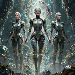 karol bak and tom bagshaw and krenz cushart symmetrical full body character portrait of the borg queen of sentient parasitic flowing ai, floating in a powerful zen state, supermodel, beautiful and ominous, wearing combination of mecha and bodysuit made of wires and fractal ceramic, machinery enveloping nature in the background, artstation scifi character digital concept render