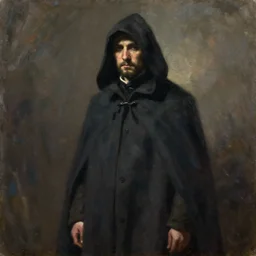 a portrait of a man wearing a long dark cloak, hood and shadows covering face, oil painting, high detail