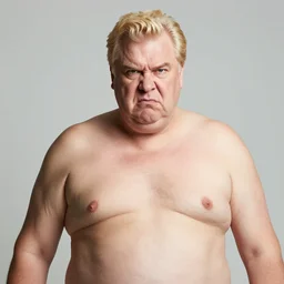 photograph of a tall, angry, slightly obese man in his mid 7 0's, with blonde hair and an orange face, wearing a dark blue suit, a white shirt, and a red tie