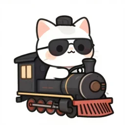 anime doodle of a chibi cat with aviator glasses as a driver of a steam locomotive