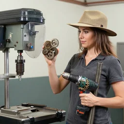 the woman is holding some gears and a hat, she is holding a big drill box with a drill shield in her hand and is holding a drill pipe in her hand and are holding a drill press with a drill clip on