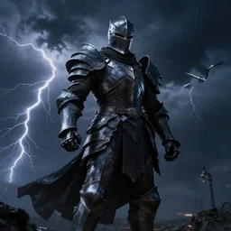 dark armor knight in a thunderstorm, epic scene, cinematic, ultra photorealistic, 8k,