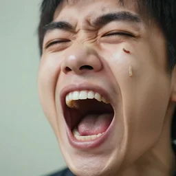 a close up shot of a person screaming because a worm got on their face
