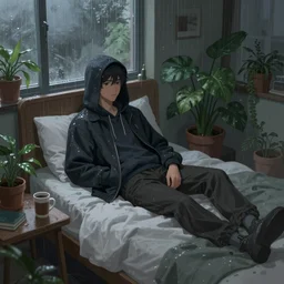 a young man on his bed wearing his hoody jacket and coffee beside the table on a cold rainy day, room full of plants, gloomy weather, highly detailed, digital painting, artstation, concept art, smooth, sharp focus, illustration, art by jon foster and artgerm and yuumei
