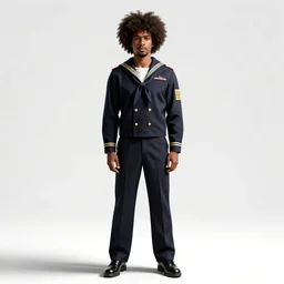 afro-haired sailor in uniform, high detail digital art, full body, standing, isolated on a pure white background, centered, whole figure in frame, sharp focus, studio lighting