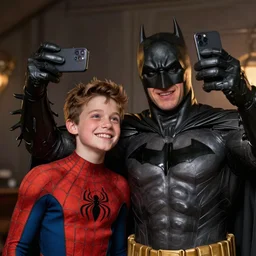 Photography, A Batman taking a selfie with boy as Spider man , big smile