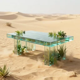 a table made of rectangle tetris, in the desert, sandstorm, made of glass and plants, octane render, trending on artstation