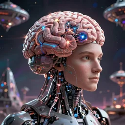 a cyborg from alan turing the mathematic in the psychedelic metaverse with a big brain full of very powerful neural networks, ultrarealistic, dystopian and utopian art at the same time, octane render, cosmic tech ufo art