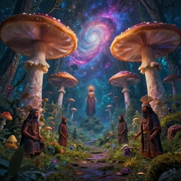 psychedelic forest with large mushrooms and nebula sky, shamans, digital art, mystical