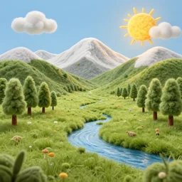 a meadow made of wool, wool mountains in the background, wool trees, wool river, wool sun, wool clouds, wool lighting, an award winning wool sculpture, wool realistic, beautiful, wool quality, good composition
