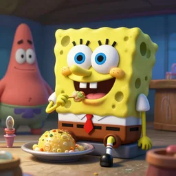 hyperrealistic spongebob squarepants eating at the krusty krab, inspired by stephen hillenburg, perfect symmetry, dim volumetric cinematic lighting, 8 k octane comprehensive render, extremely hyper - detailed attributes & atmosphere, intricately proportional, masterpiece, artstation, stunning,