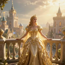 a fantasy queen stands on a balcony overlooking a fantasy city, golden light and glow, 3 5 mm photography