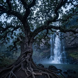 ancient oak forest in blue hour light and misty waterfalls