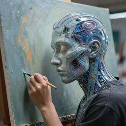 an high resolution photo of a artificial intelligence making a masterpiece paiting, hyper detailed, photography, realistic art, 8 k, unreal engine, cinematic